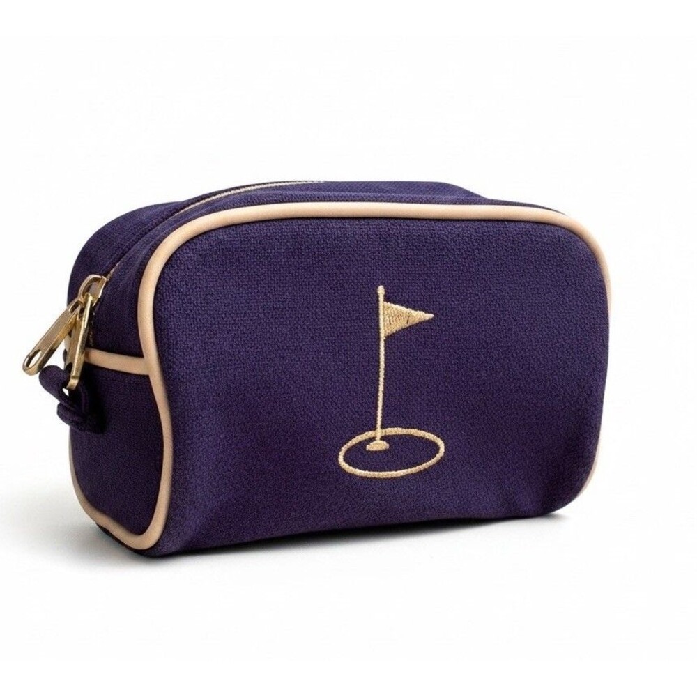 Spartina 449 Travel Pouch Golf Flagstick Navy Blue Gold Linen Leather Piping EUC